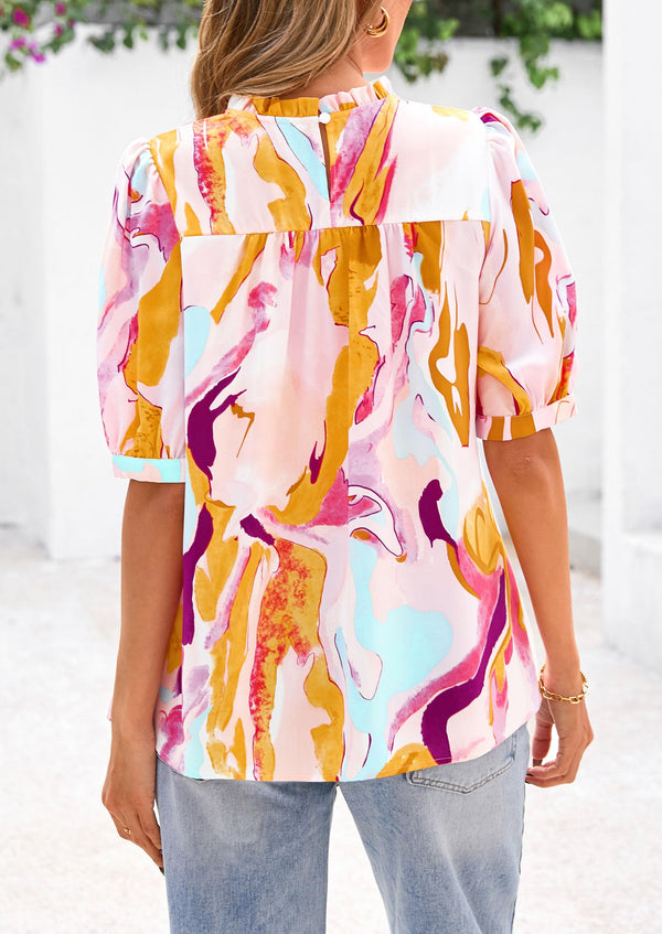 Floral Short Sleeve Dressy Casual Boho Pleated  Blouses