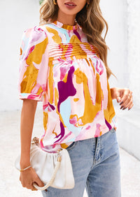 Floral Short Sleeve Dressy Casual Boho Pleated  Blouses