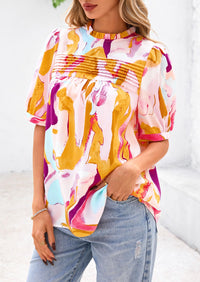 Floral Short Sleeve Dressy Casual Boho Pleated  Blouses