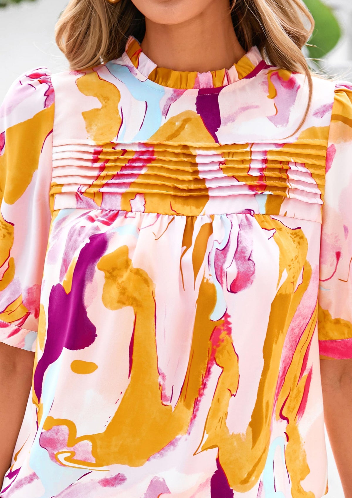 Floral Short Sleeve Dressy Casual Boho Pleated  Blouses