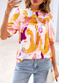 Floral Short Sleeve Dressy Casual Boho Pleated  Blouses