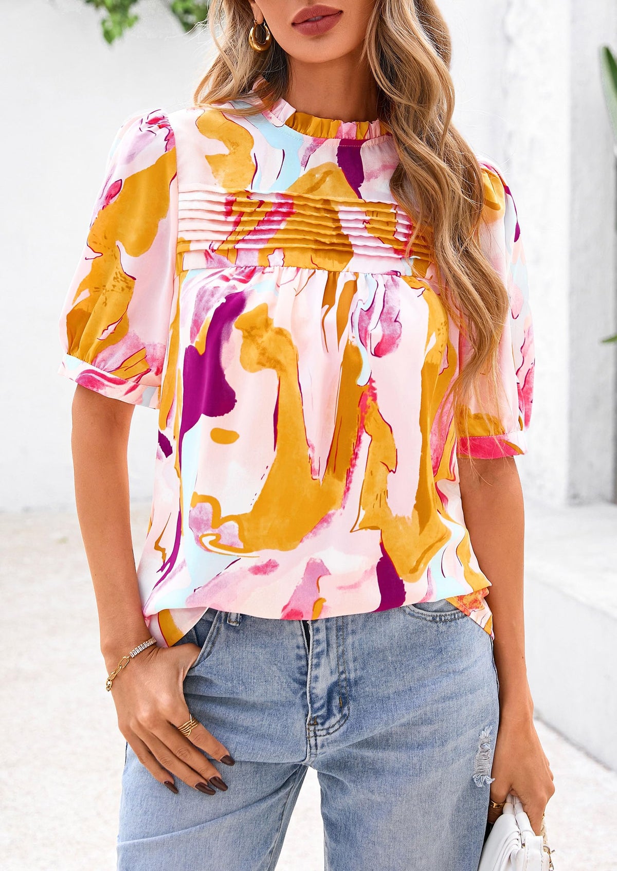 Floral Short Sleeve Dressy Casual Boho Pleated  Blouses