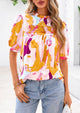 Floral Short Sleeve Dressy Casual Boho Pleated  Blouses