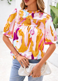 Floral Short Sleeve Dressy Casual Boho Pleated  Blouses