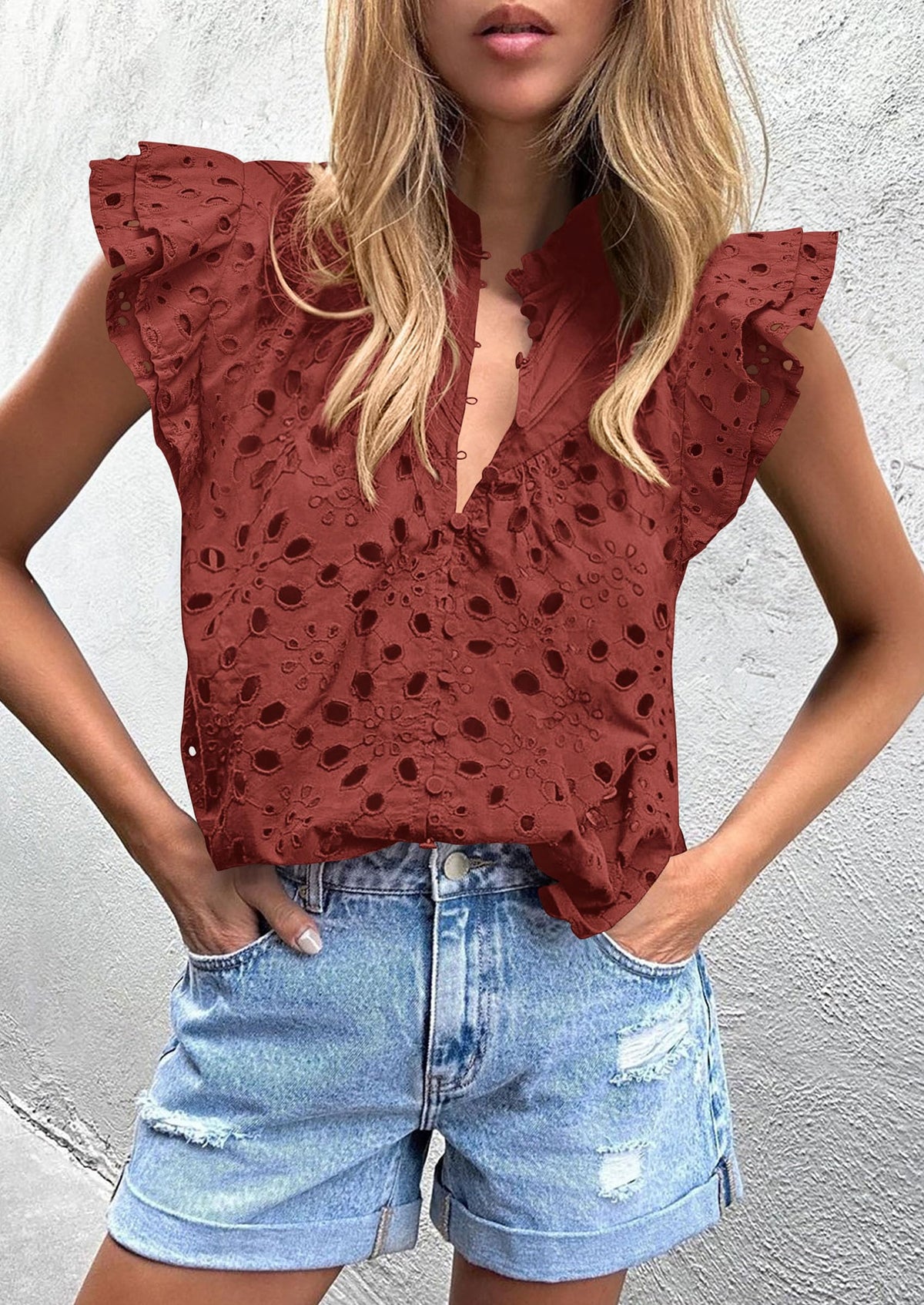 Casual Ruffle Cap Sleeve Button V Neck Embroidered Eyelet Blouses