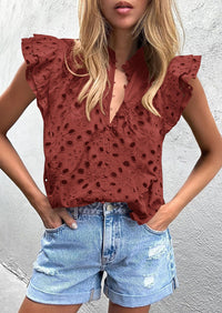 Casual Ruffle Cap Sleeve Button V Neck Embroidered Eyelet Blouses
