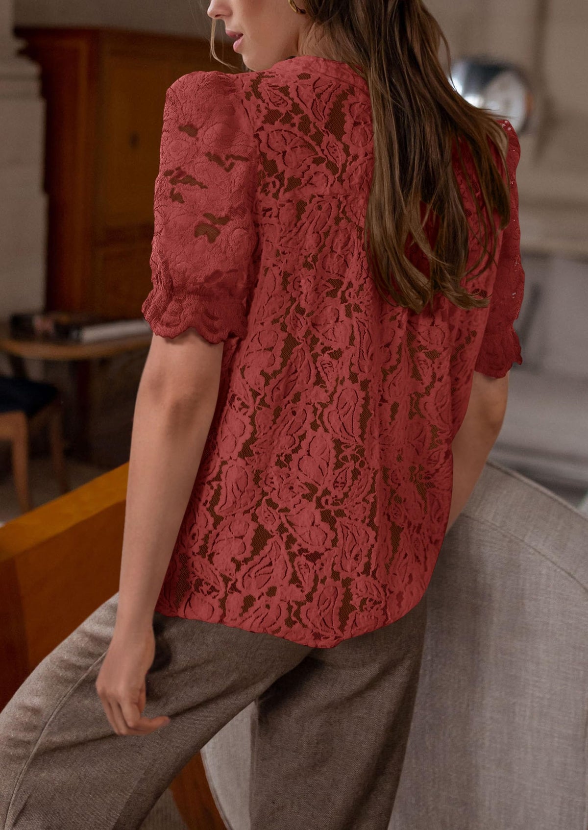 Lace Puff Sleeve Casual Dressy Eyelet Crew Neck Button Down Blouses
