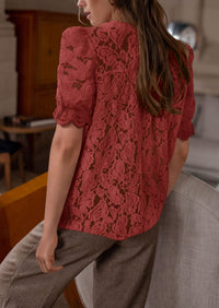 Lace Puff Sleeve Casual Dressy Eyelet Crew Neck Button Down Blouses