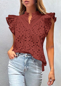 Casual Ruffle Cap Sleeve Button V Neck Embroidered Eyelet Blouses
