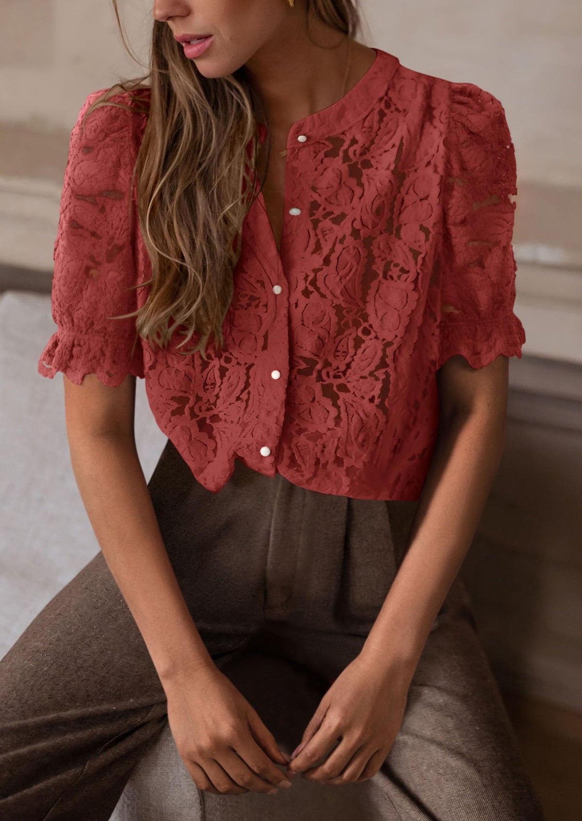 Lace Puff Sleeve Casual Dressy Eyelet Crew Neck Button Down Blouses
