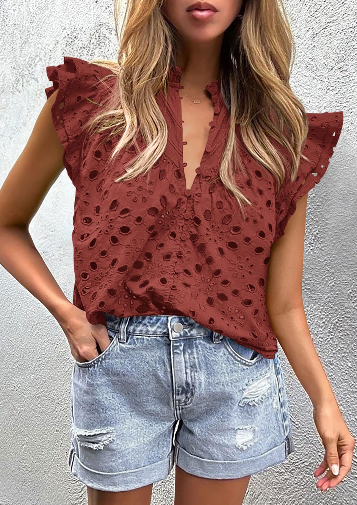 Casual Ruffle Cap Sleeve Button V Neck Embroidered Eyelet Blouses