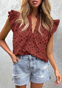 Casual Ruffle Cap Sleeve Button V Neck Embroidered Eyelet Blouses
