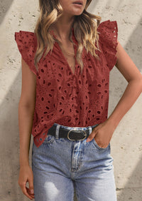 Casual Ruffle Cap Sleeve Button V Neck Embroidered Eyelet Blouses