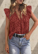 Casual Ruffle Cap Sleeve Button V Neck Embroidered Eyelet Blouses