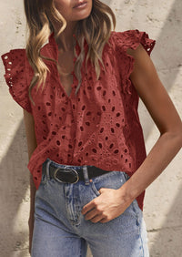 Casual Ruffle Cap Sleeve Button V Neck Embroidered Eyelet Blouses