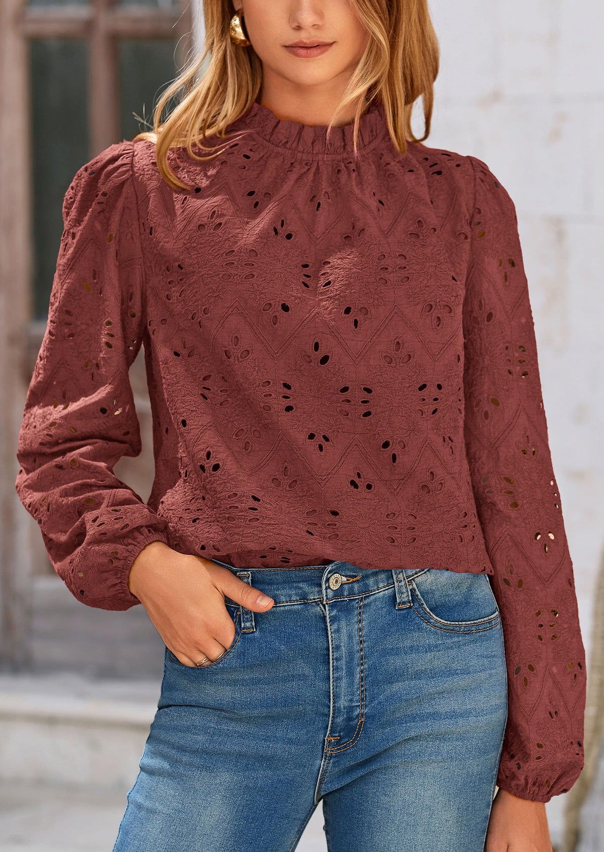 Casual Embroidered Long Puff Sleeve Ruffle Eyelet Lace Blouses