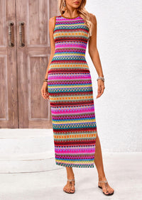 Sleeveless Crew Neck Striped Side Slit Bodycon Casual Maxi Dresses