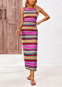 Sleeveless Crew Neck Striped Side Slit Bodycon Casual Maxi Dresses