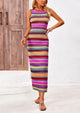 Sleeveless Crew Neck Striped Side Slit Bodycon Casual Maxi Dresses