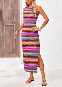 Sleeveless Crew Neck Striped Side Slit Bodycon Casual Maxi Dresses