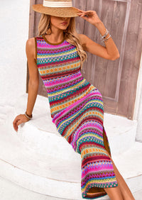 Sleeveless Crew Neck Striped Side Slit Bodycon Casual Maxi Dresses