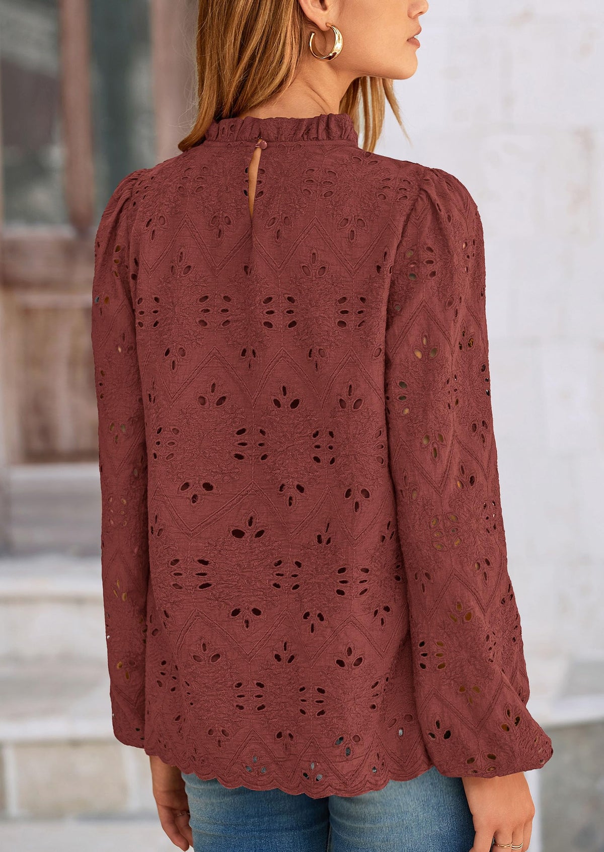 Casual Embroidered Long Puff Sleeve Ruffle Eyelet Lace Blouses