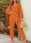 PRETTYGARDEN Women's Fall Jumpsuits Dressy Casual Pants Romper Spring Long Sleeve V Neck Belt Pockets One Piece Outfits