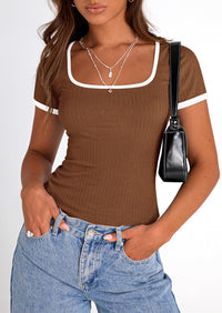 Casual Short Sleeve Ribbed Knit Square Neck Color Block Slim Fit Basic Crop T-shirts