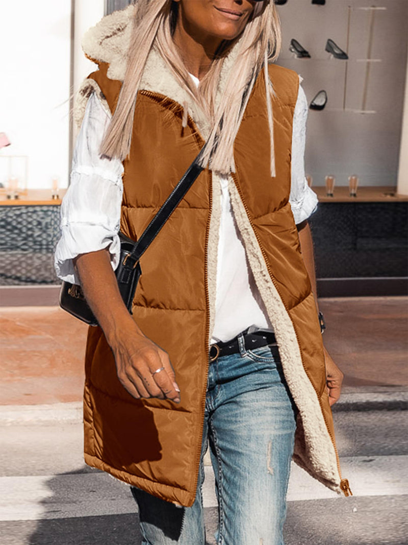 PRETTYGARDEN Womens Fall Reversible Vests Sleeveless Fleece Jacket Zip Up Hoodie Pockets Long Warm Winter Coat Outerwear