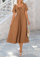 Casual Short Sleeve Bow Tie V Neck Ruffle Flowy Midi Dresses
