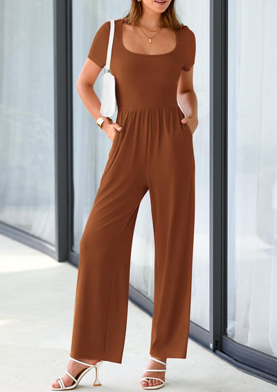PRETTYGARDEN Casual Short Sleeve Square Neck Wide Leg Jumpsuit Rompers