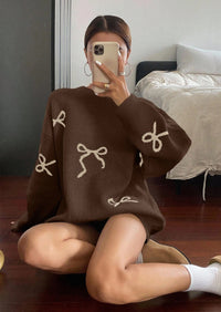 PRETTYGARDEN Fall Long Sleeve Pullover Sweaters for Women Trendy Crewneck Casual Cute Bow Chunky Knit Oversized Sweater