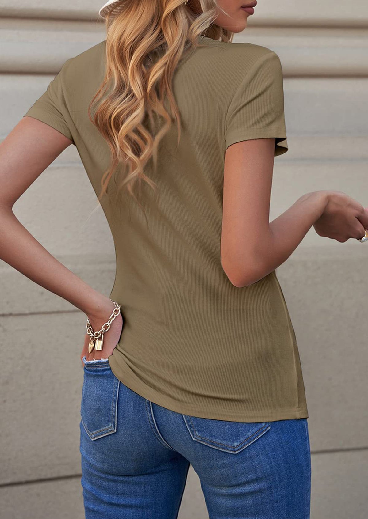 Short Sleeve V Neck Button Ribbed Knit T-shirt