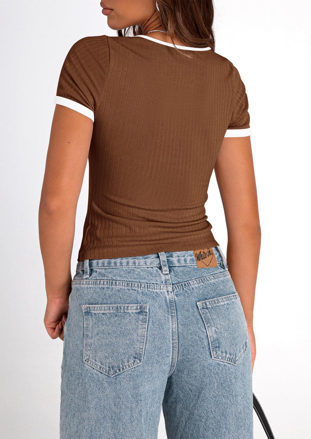 Casual Short Sleeve Ribbed Knit Square Neck Color Block Slim Fit Basic Crop T-shirts