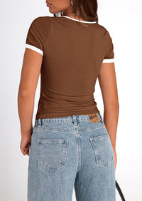 Casual Short Sleeve Ribbed Knit Square Neck Color Block Slim Fit Basic Crop T-shirts