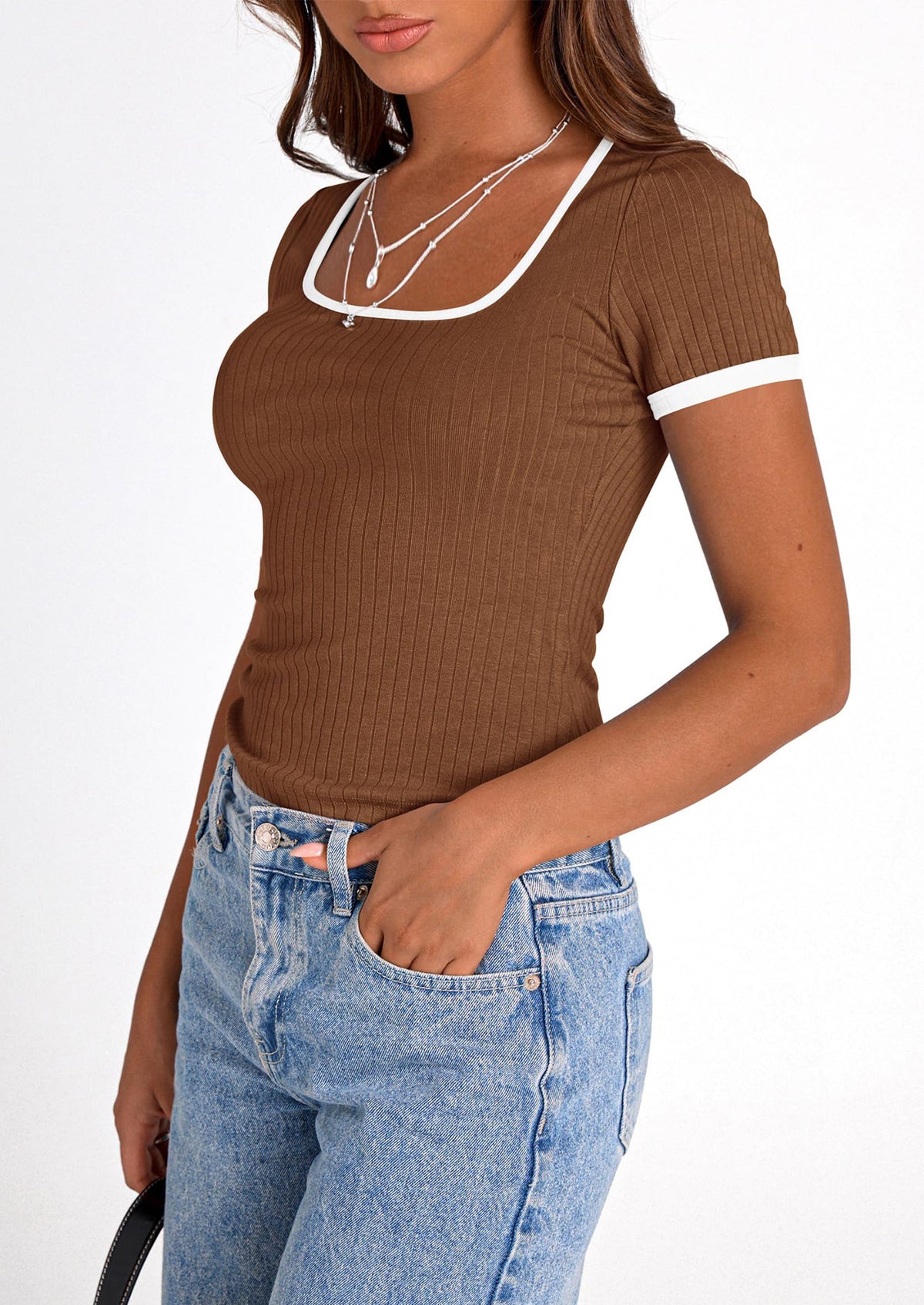 Casual Short Sleeve Ribbed Knit Square Neck Color Block Slim Fit Basic Crop T-shirts