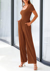 PRETTYGARDEN Casual Short Sleeve Square Neck Wide Leg Jumpsuit Rompers