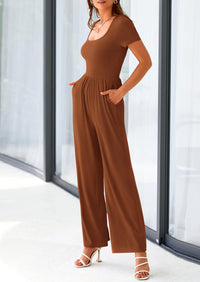 PRETTYGARDEN Casual Short Sleeve Square Neck Wide Leg Jumpsuit Rompers