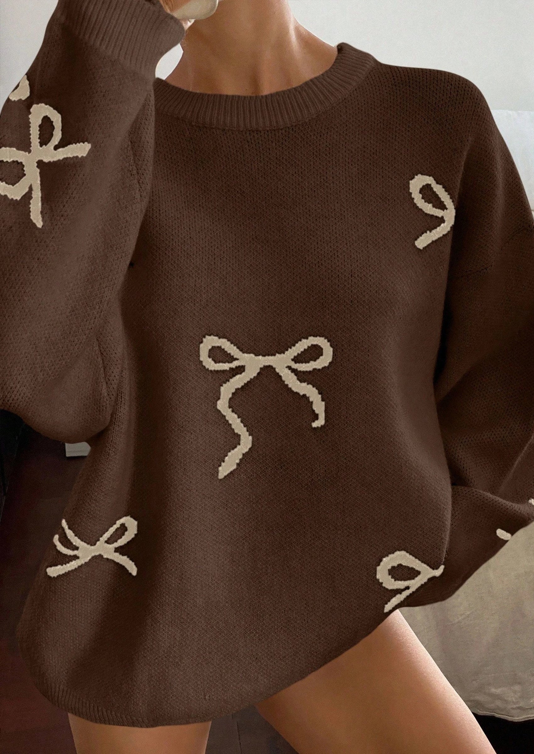 PRETTYGARDEN Fall Long Sleeve Pullover Sweaters for Women Trendy Crewneck Casual Cute Bow Chunky Knit Oversized Sweater