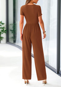 PRETTYGARDEN Casual Short Sleeve Square Neck Wide Leg Jumpsuit Rompers