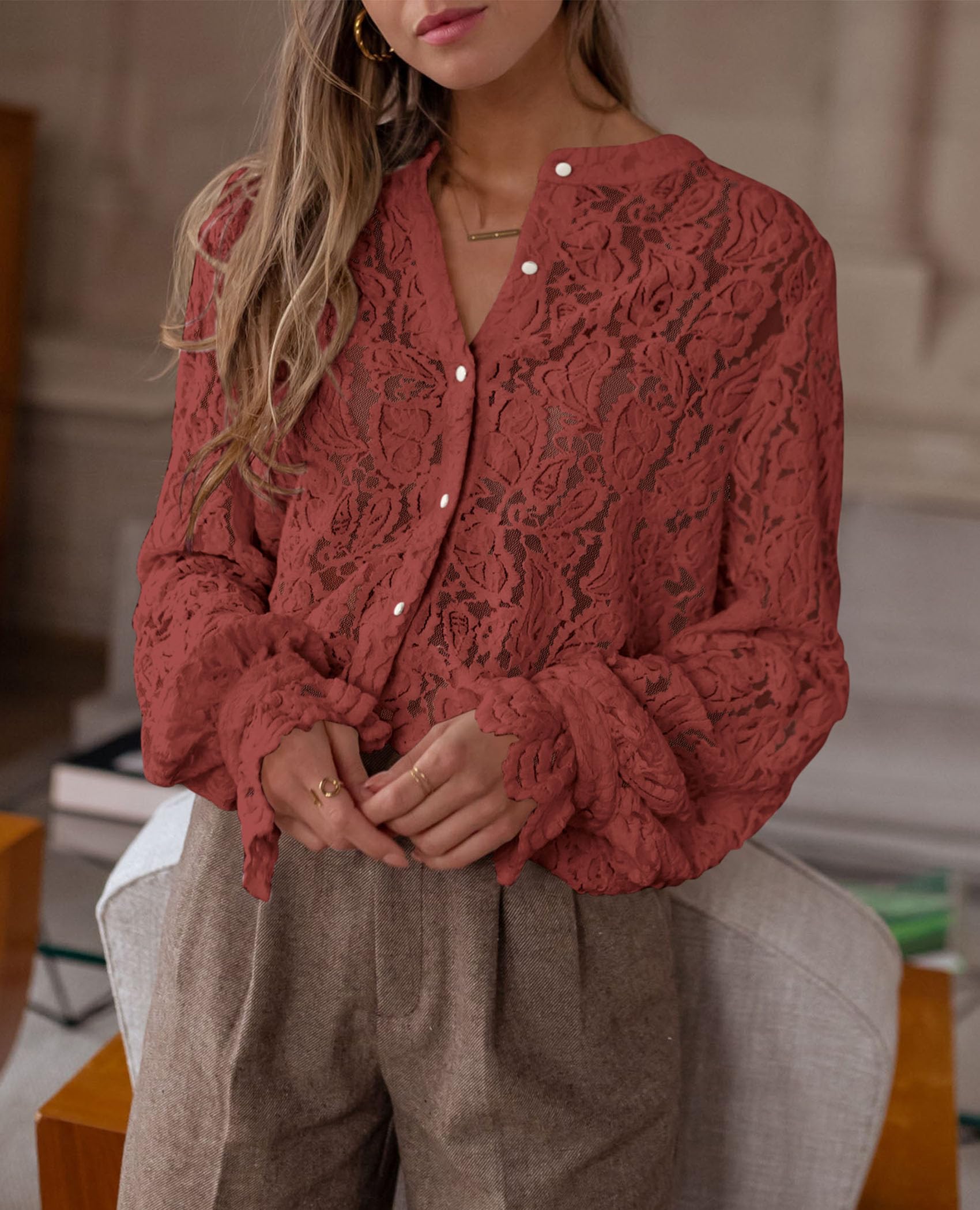 PRETTYGARDEN Women's Dressy Casual Lace Blouse Long Sleeve Button Up Shirts Tops Spring Fall Fashion Clothes