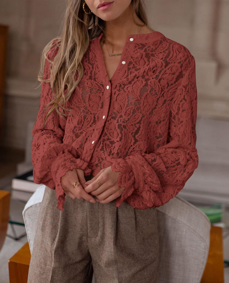 PRETTYGARDEN Women's Dressy Casual Lace Blouse Long Sleeve Button Up Shirts Tops Spring Fall Fashion Clothes