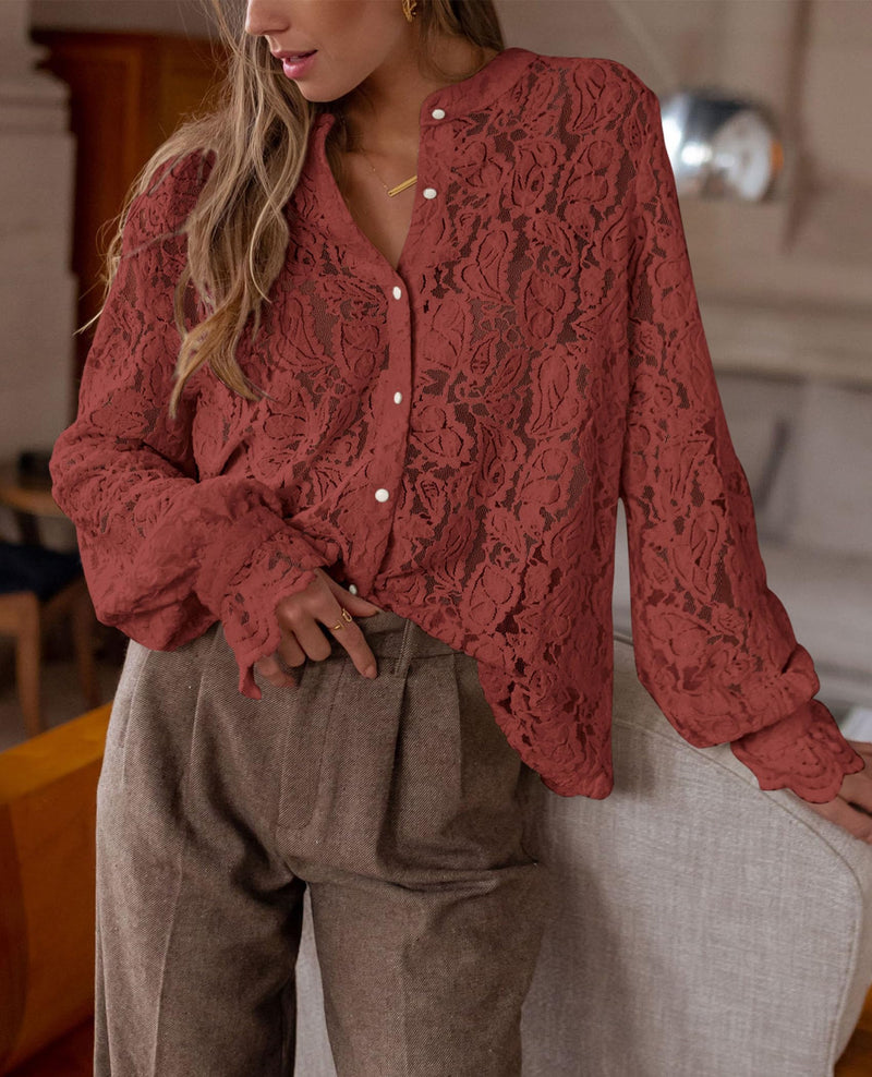 PRETTYGARDEN Women's Dressy Casual Lace Blouse Long Sleeve Button Up Shirts Tops Spring Fall Fashion Clothes
