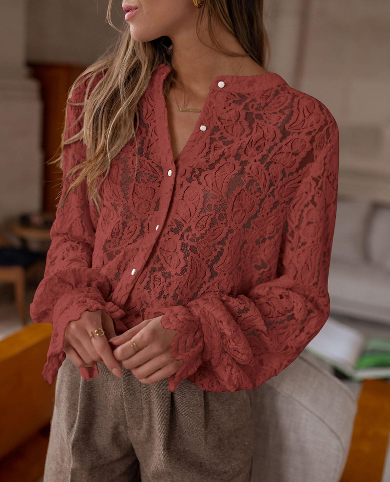 PRETTYGARDEN Women's Dressy Casual Lace Blouse Long Sleeve Button Up Shirts Tops Spring Fall Fashion Clothes