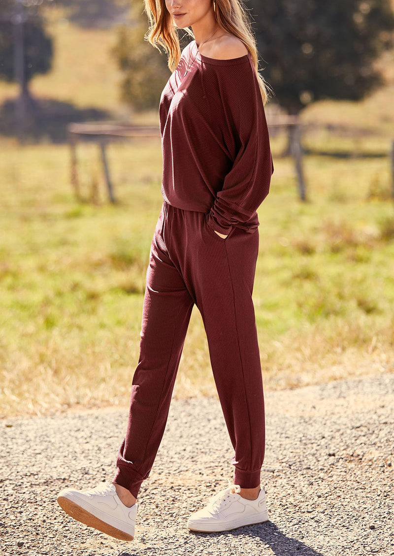 PRETTYGARDEN Women's Fall 2 Piece Lounge Set Long Sleeve Tops Ribbed Pants Spring Matching Sweatsuit Travel Outfits Clothes