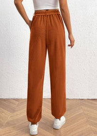 Elastic High Waisted Work Office Corduroy Casual Pants with Pockets