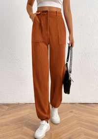 Elastic High Waisted Work Office Corduroy Casual Pants with Pockets