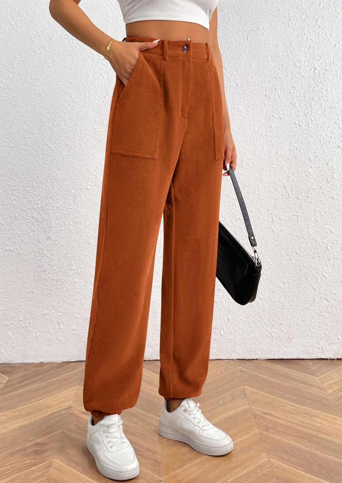 Elastic High Waisted Work Office Corduroy Casual Pants with Pockets