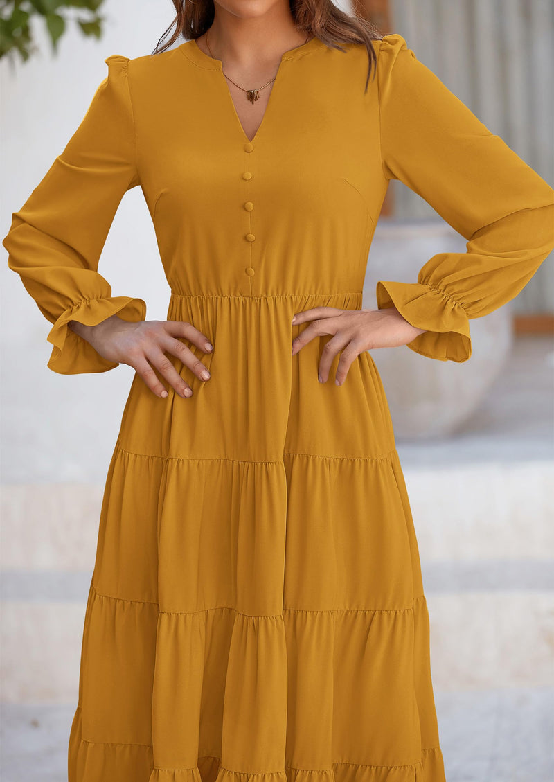 PRETTYGARDEN Women Fall Long Sleeve Smocked Maxi Dress Casual Square Neck Swiss Dot Tiered Ruffle Flowy Spring Pocket Dresses
