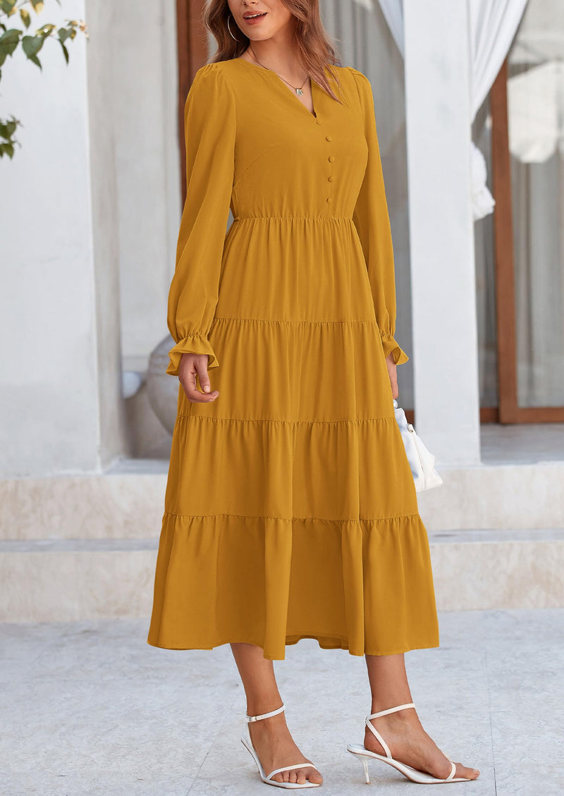 PRETTYGARDEN Women Fall Long Sleeve Smocked Maxi Dress Casual Square Neck Swiss Dot Tiered Ruffle Flowy Spring Pocket Dresses